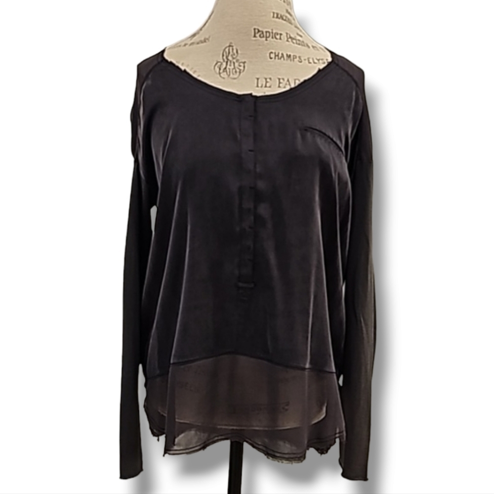 Go By Go Silk Black Long-Sleeve Front Snap Silk Top - Size Small